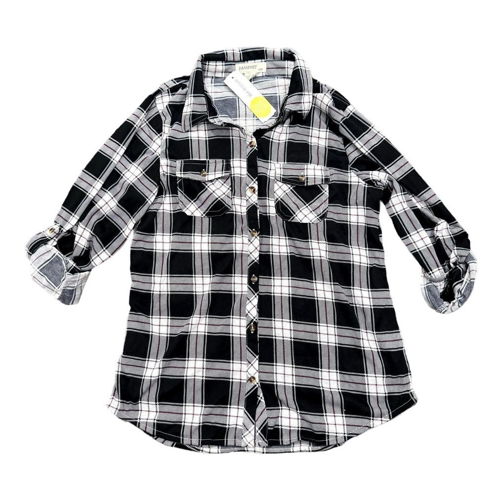 Passport Girls Marisol Roll Tab Button Down Shirt in Black, Size 12​​​​​